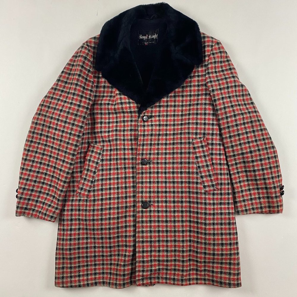 Vintage Royal Knight Faux Fur Collar Overcoat Top Coat Pea Mens Size 38 SHORT